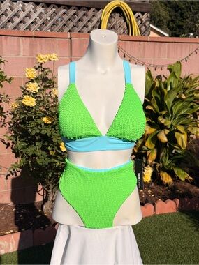 Fashion Nova Lime Green & Aqua Textured High-Waist Bikini